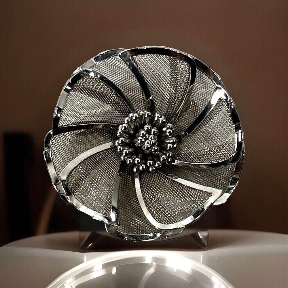 Vintage‎ Jewelry Signed BED SLIVER Tone Mesh Floral Peony Flower BROOCH PIN